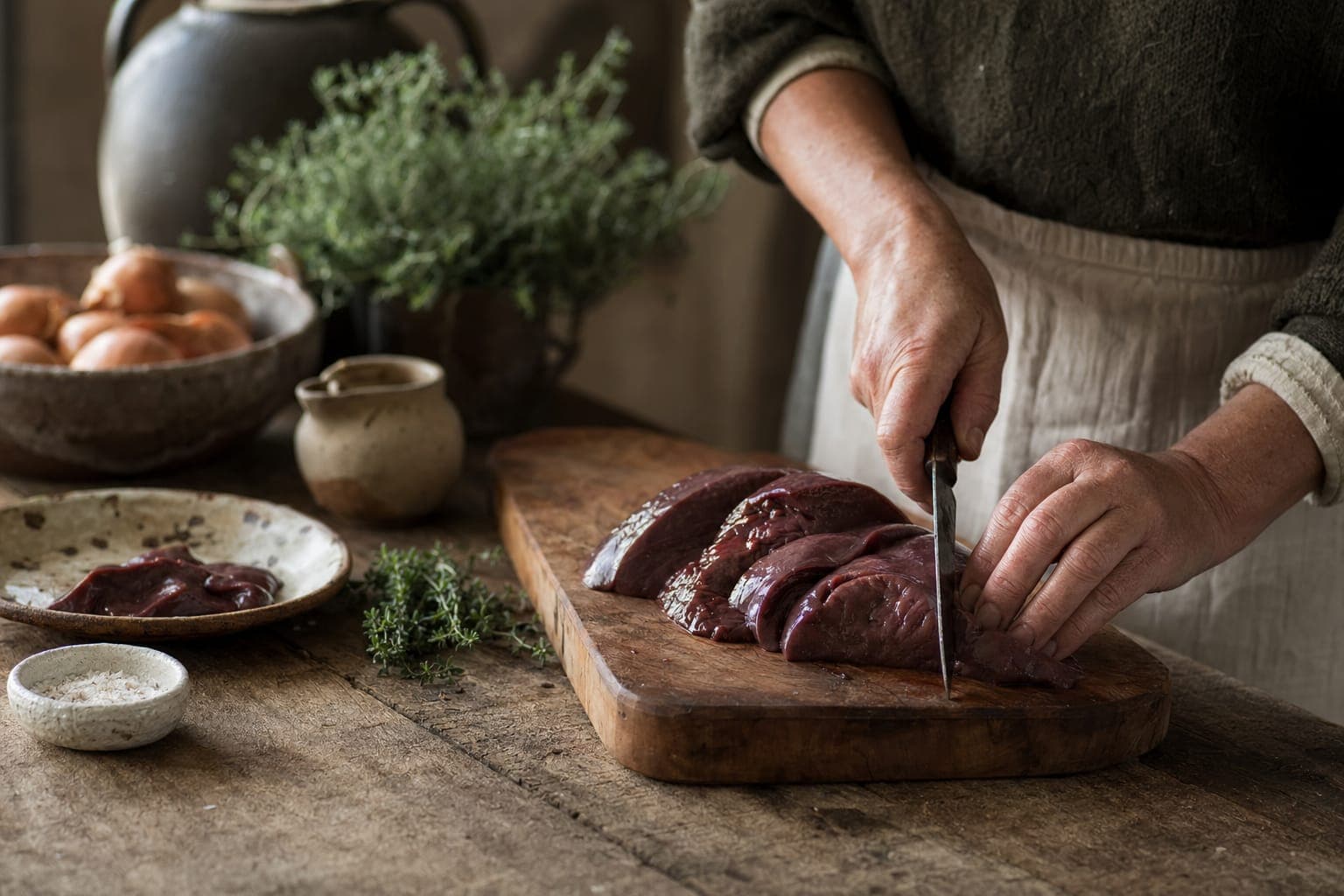 Hands holding raw beef liver on a board in warm light