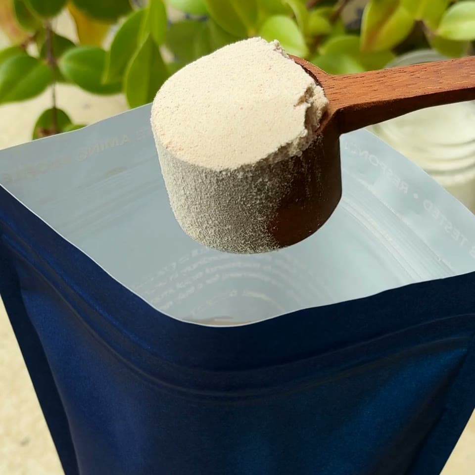 A heaped wooden scoop of the pale Organised blend held over the open navy pouch it was lifted from, in front of green leaves